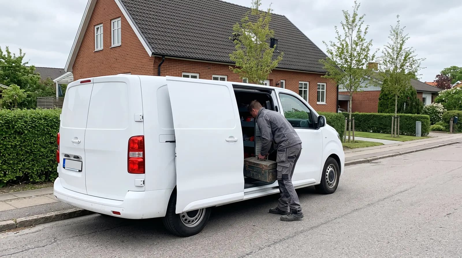 Hantverkare tar ut en verktygslåda ur en ren vit servicebil framför en villa i rött tegel