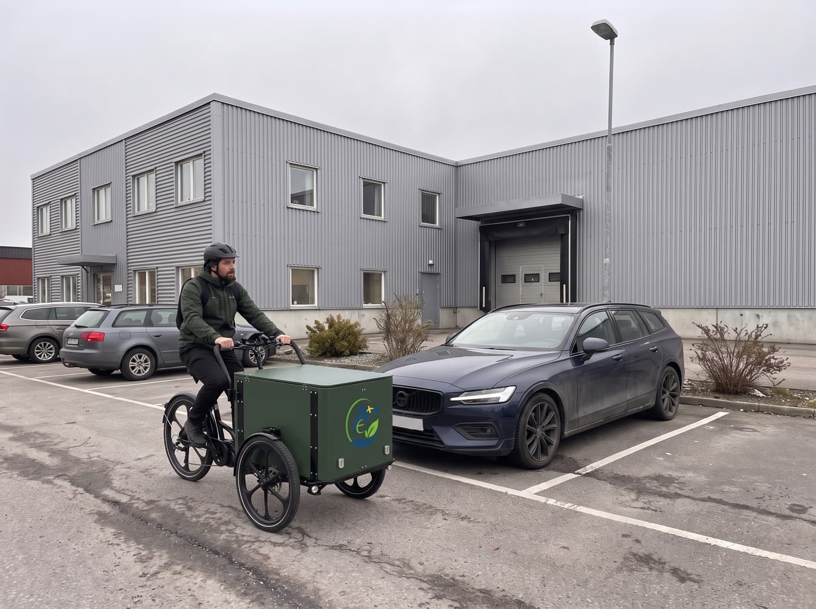 Trehjulig El-lastcykel med vår logga anländer till en personbil på en företagsparkering