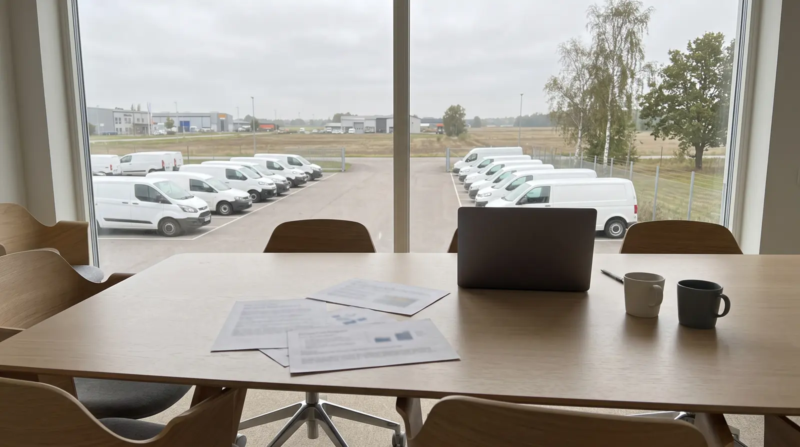 Rapportutskrifter, laptop och kaffekoppar på ett mötesbord med utsikt över en parkering med skåpbilar