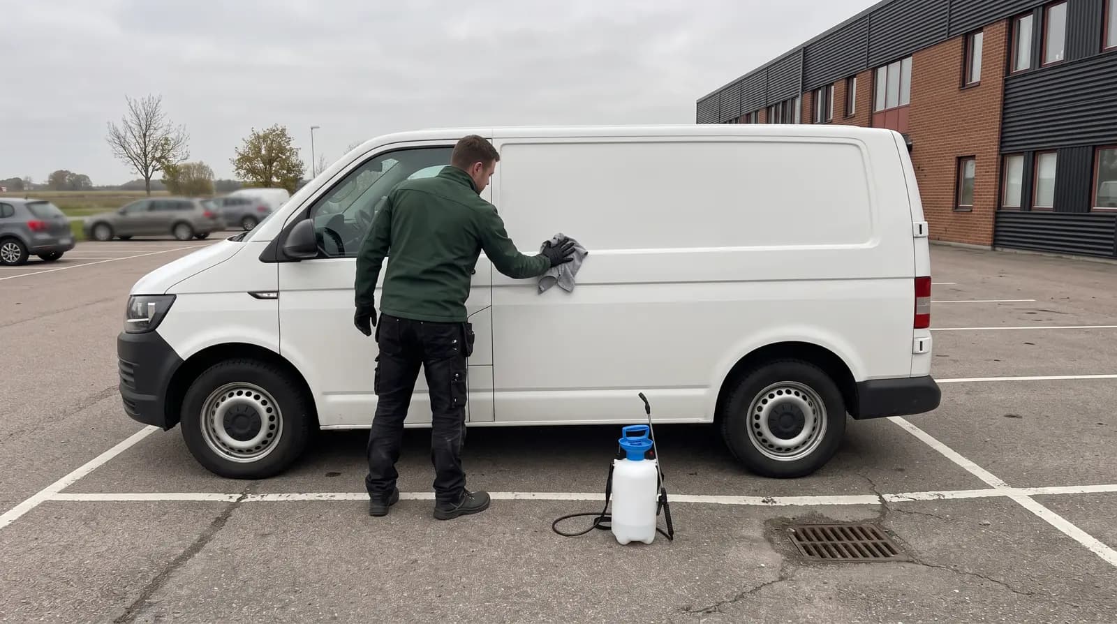 Tvättare torkar en vit skåpbil med grå mikrofiberduk på en företagsparkering, med torr asfalt och en dagvattenbrunn intill