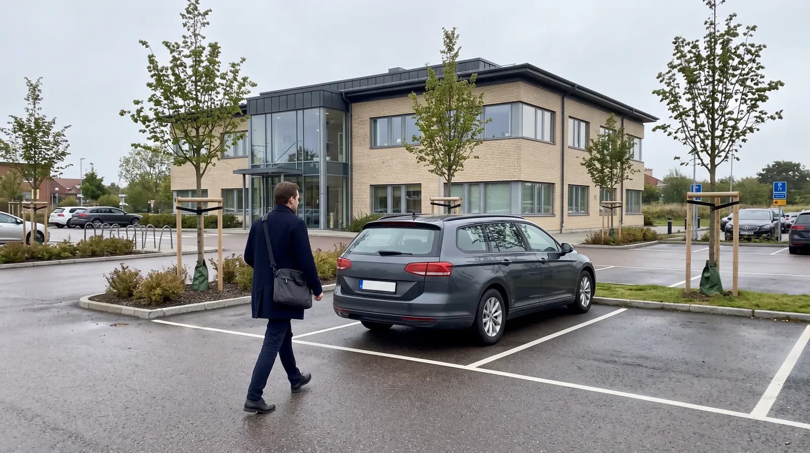 Anställd går mot en mörkgrå tjänstebil på kontorets parkering en morgon