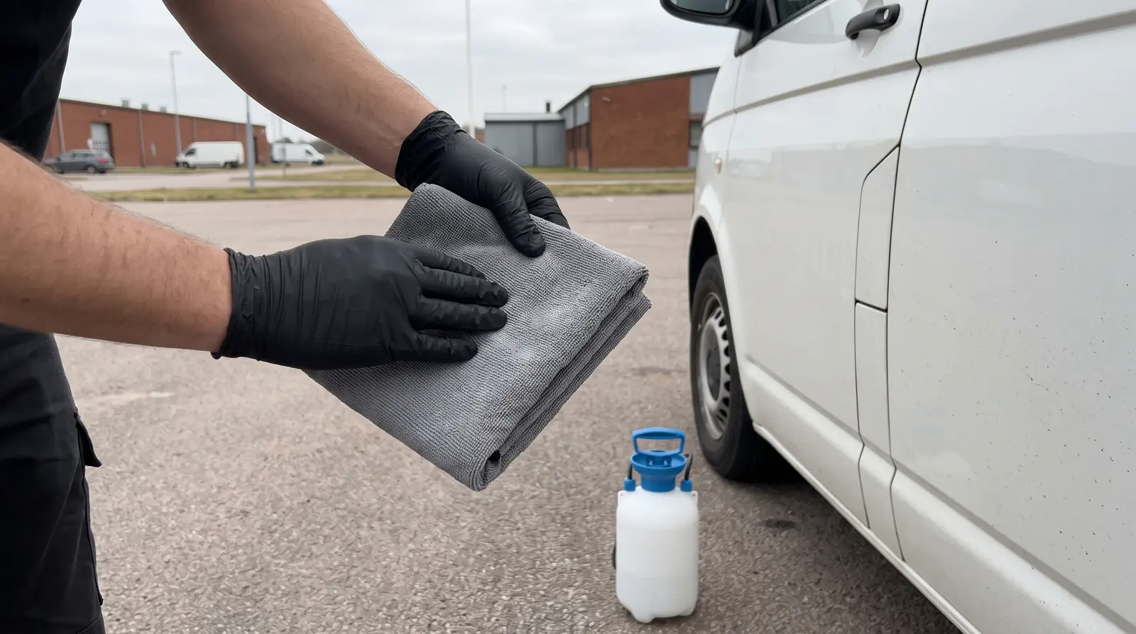 Händer i svarta handskar viker en grå mikrofiberduk bredvid en vit skåpbil, med en pumpspruta på torr asfalt