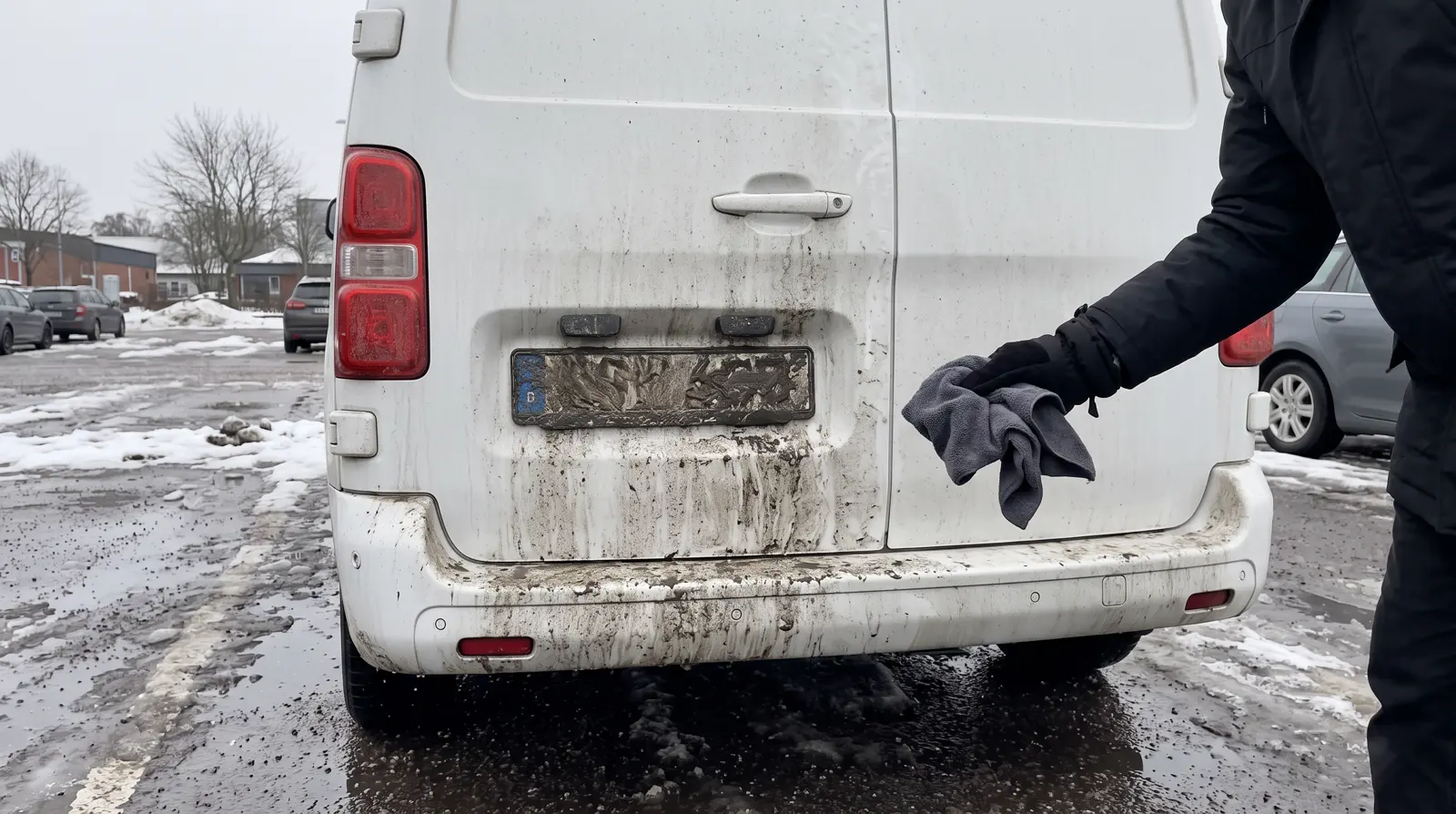 Registreringsskylt täckt av vägsmuts på en vit skåpbil, en hand med grå duk på väg att torka