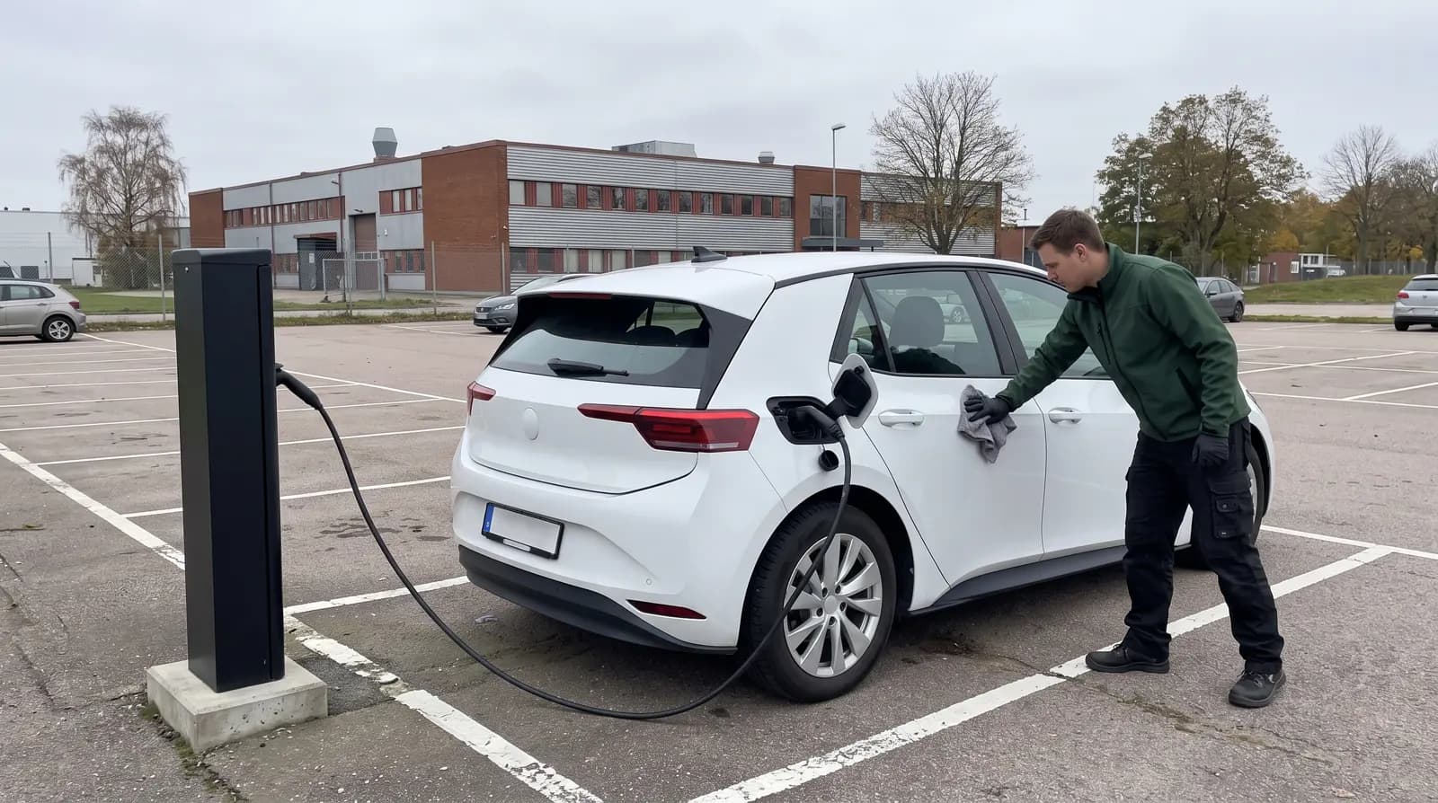 Tvättare torkar en vit elbil som laddar vid en laddstolpe på en företagsparkering