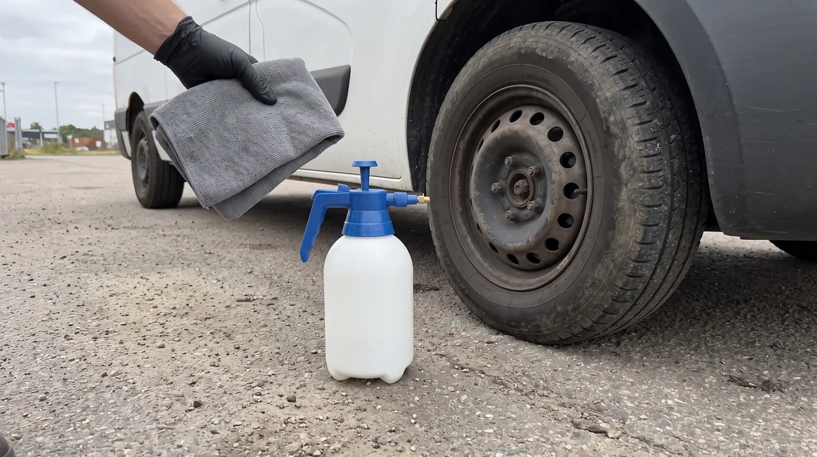 Pumpspruta och grå mikrofiberduk vid framhjulet på en vit skåpbil, på helt torr asfalt